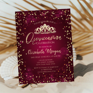 Invitación Elegante Tiara de Oro, Diamonds Burgundy Quinceañe