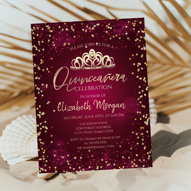 Invitación Elegante Tiara de Oro, Diamonds Burgundy Quinceañe (Subido por el creador)
