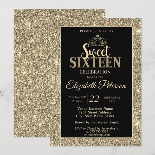 Invitación Elegante Tiara de oro elegante, Purpurina dulce 16 (Anverso / Reverso)