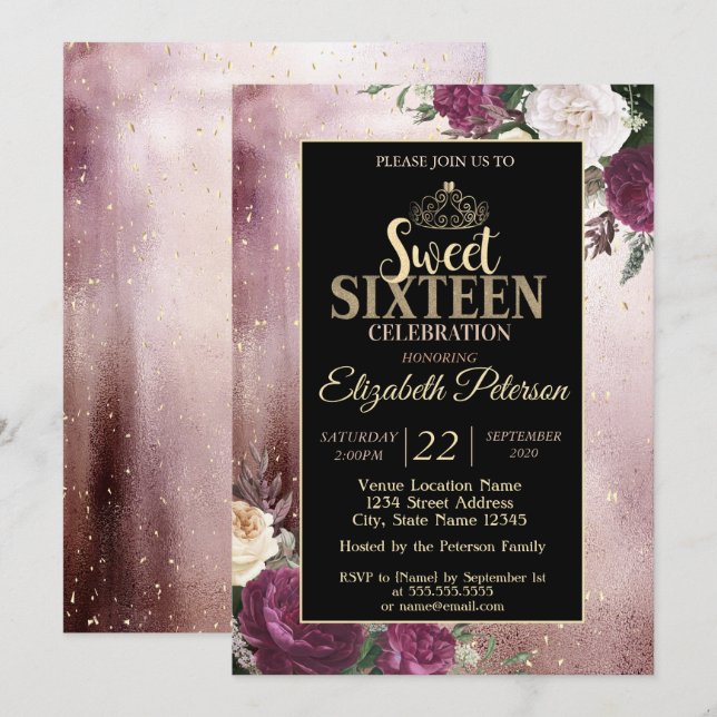 Invitación Elegante Tiara de Oro, Fiesta Frame Burgundy Sweet (Anverso / Reverso)
