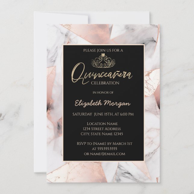 Invitación Elegante Tiara de Oro,Mármol Geométrico de Oro Ros (Anverso)
