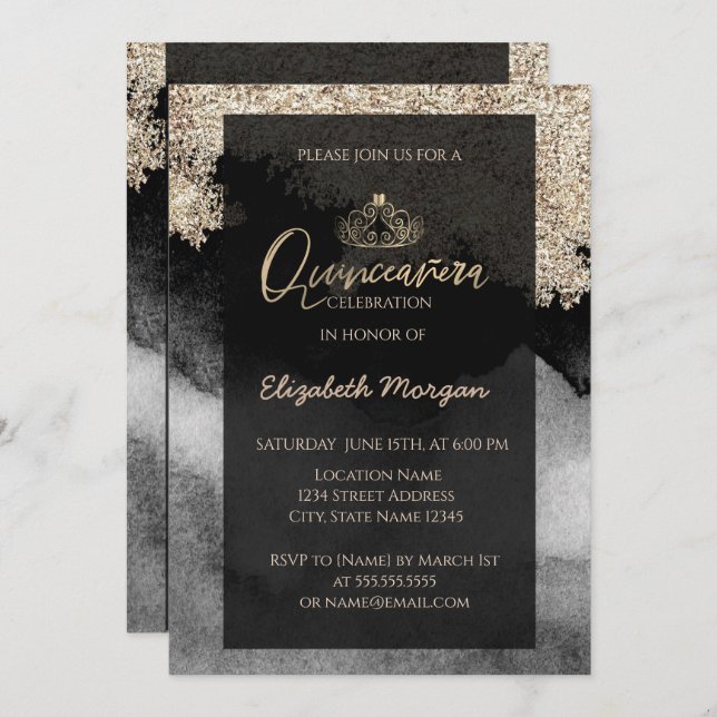 Invitación Elegante Tiara de Oro Moderno, Mármol, Confetti (Anverso / Reverso)
