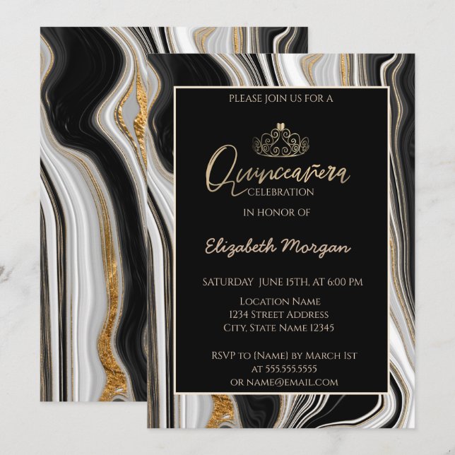 Invitación Elegante Tiara de Oro Moderno, Mármol de Oro Negro (Anverso / Reverso)