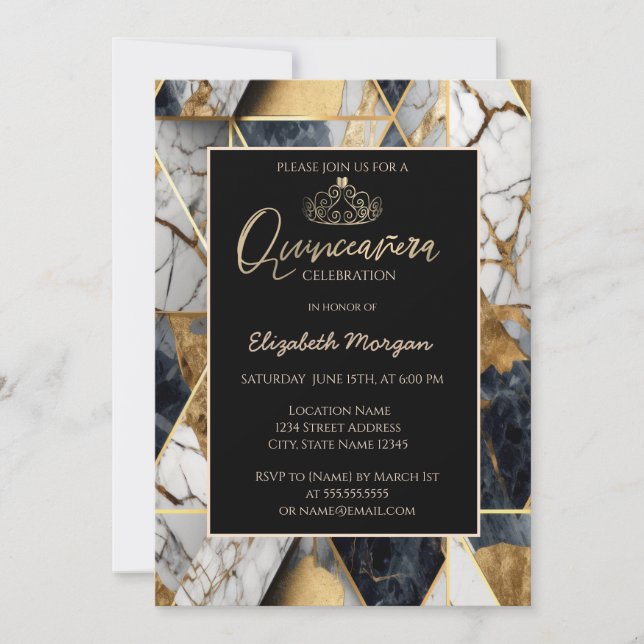 Invitación Elegante Tiara de Oro Moderno, Mármol Geométrico N (Anverso)