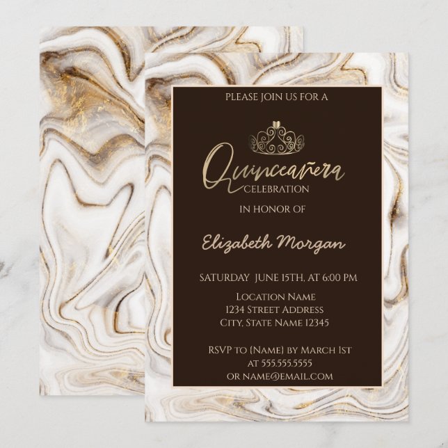 Invitación Elegante Tiara de Oro Moderno, Mármol Marrón (Anverso / Reverso)