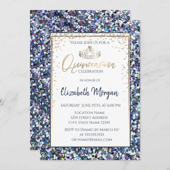 Invitación Elegante Tiara de Oro, Secuencias de Diamantes Qui (Anverso / Reverso)