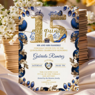 Invitación Elegante Tiara Dorada Azul Real Mis Quince