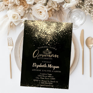 Invitación Elegante Tiara Gold, Confetti Quinceañera