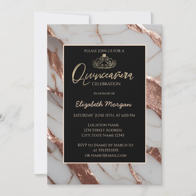 Invitación Elegante Tiara Gold,Mármol Purpurina de cobre de m (Anverso)