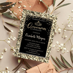 Invitación Elegante Tiara Moderna de Oro, Sequins Quinceañera