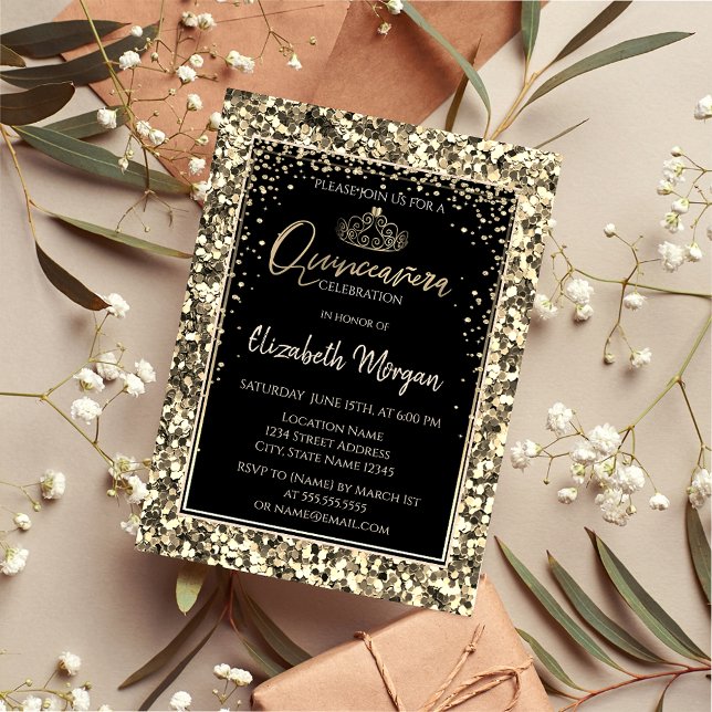 Invitación Elegante Tiara Moderna de Oro, Sequins Quinceañera (Subido por el creador)
