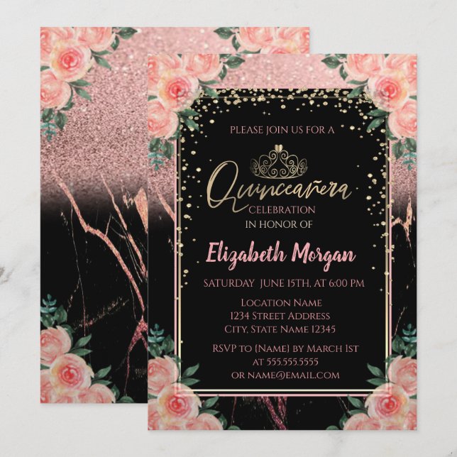 Invitación Elegante Tiara Moderna Dorada con Brillo, Flores d (Anverso / Reverso)