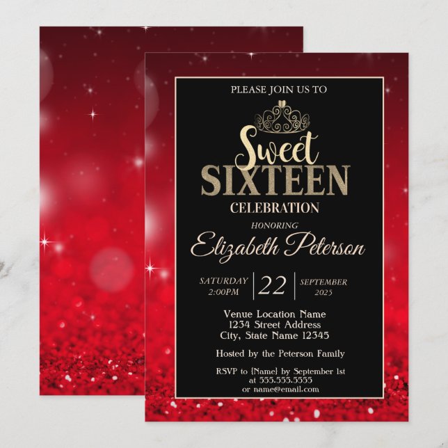 Invitación Elegante Tiara, Purpurina Rojo Bokeh Sweet 16 (Anverso / Reverso)
