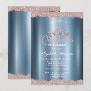 Invitación Elegante Tiara Quinceañera Azul Metálico
