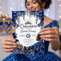 Elegante Tiara Real Azul Dorado Quinceañera