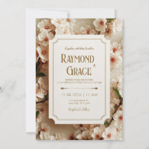 Elegante Ticket de Boda Floral Marfil Sakura Dorad