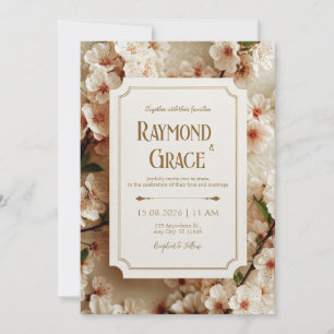 Invitación Elegante Ticket de Boda Floral Marfil Sakura Dorad