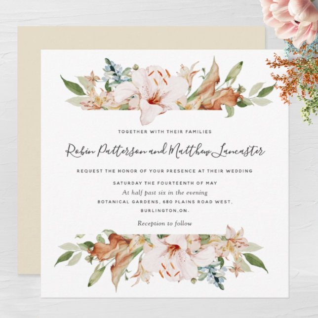 Invitación Elegante tierra florece Boda beige de plaza blanca (Subido por el creador)