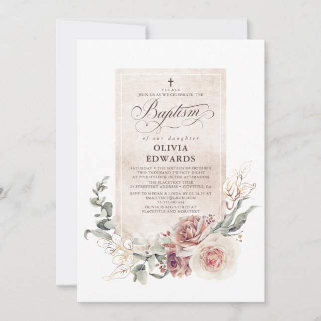 Invitación Elegante Tierra Sombra Bautismo Floral Natural (Anverso)