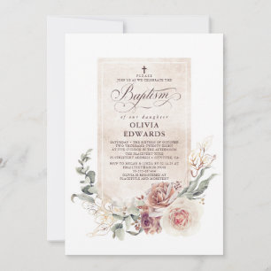 Invitación Elegante Tierra Sombra Bautismo Floral Natural