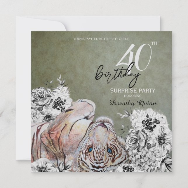 Invitación Elegante Tigre Botánico Floral Sorpresa Cumpleaños (Anverso)