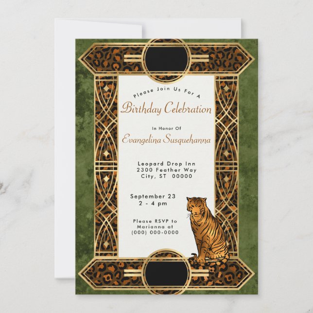 Invitación Elegante Tigre Verde de Cobre Art Decó Cumpleaños (Anverso)