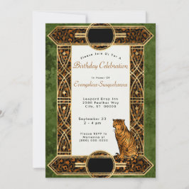 Invitación Elegante Tigre Verde de Cobre Art Decó Cumpleaños