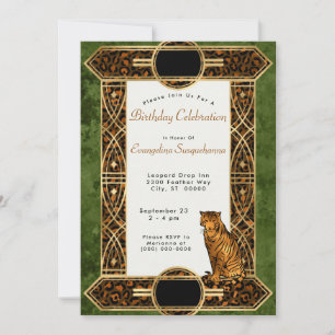 Invitación Elegante Tigre Verde de Cobre Art Decó Cumpleaños