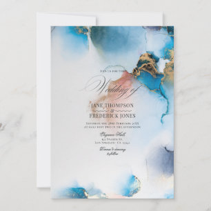 Invitación Elegante Tinta Alcohol Azul y Dorado con Acentos d