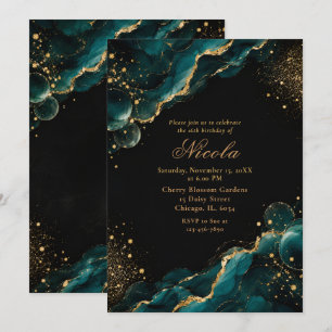 Invitación Elegante Tinta Alcohólica Verde Azulada y Dorada C