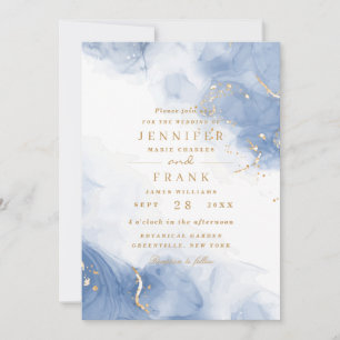Invitación Elegante tinta de alcohol dorado azul minimo blanc