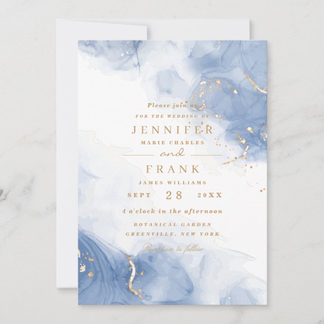 Invitación Elegante tinta de alcohol dorado azul minimo blanc (Anverso)