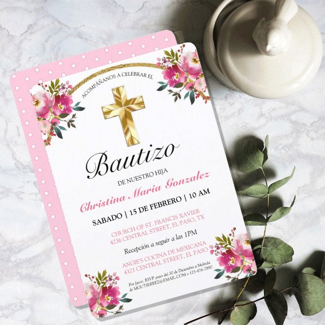 Invitación Elegante Tinta Floral Bautizo Cruz De Oro (Elegante Tinta Floral Bautizo Cruz De Oro Invitation)
