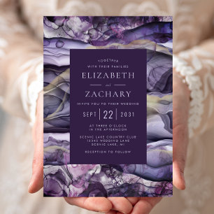 Invitación Elegante Tinta Líquida de Boda Morada Dorada