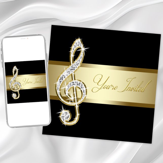 Invitación Elegante tintorería de música negra y dorada (Elegant any musical event invitation with beautiful diamond and gold treble clef. )