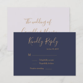 Invitación Elegante tipo de boda azul oscuro dorado lila rsvp