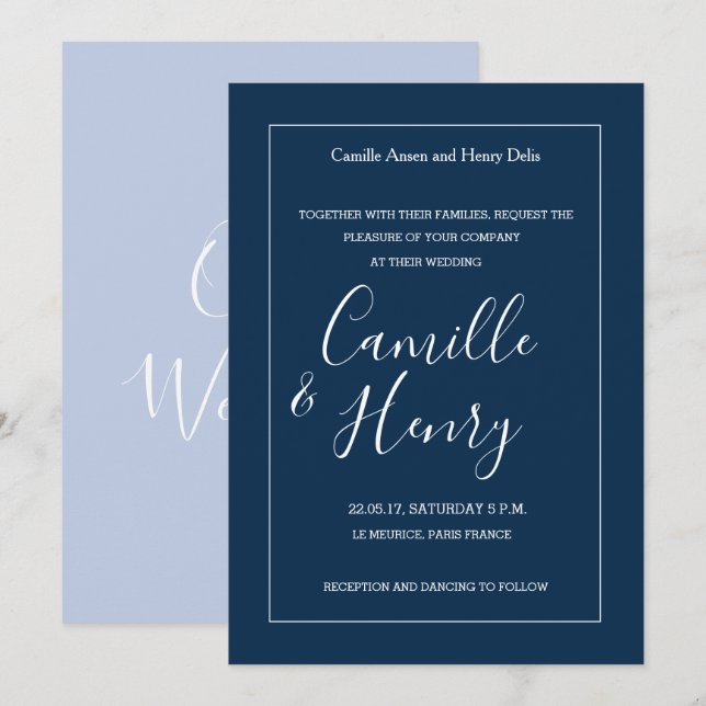 Invitación Elegante tipo lavanda azul blanco boda moderno (Anverso / Reverso)
