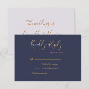 Invitación Elegante tipo respuesta de boda lila dorado azul o