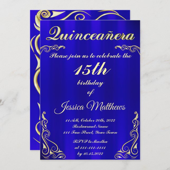 Invitación Elegante tipografía azul y dorada Quinceañera (Anverso / Reverso)