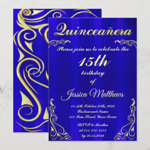 Invitación Elegante tipografía azul y dorada Quinceañera