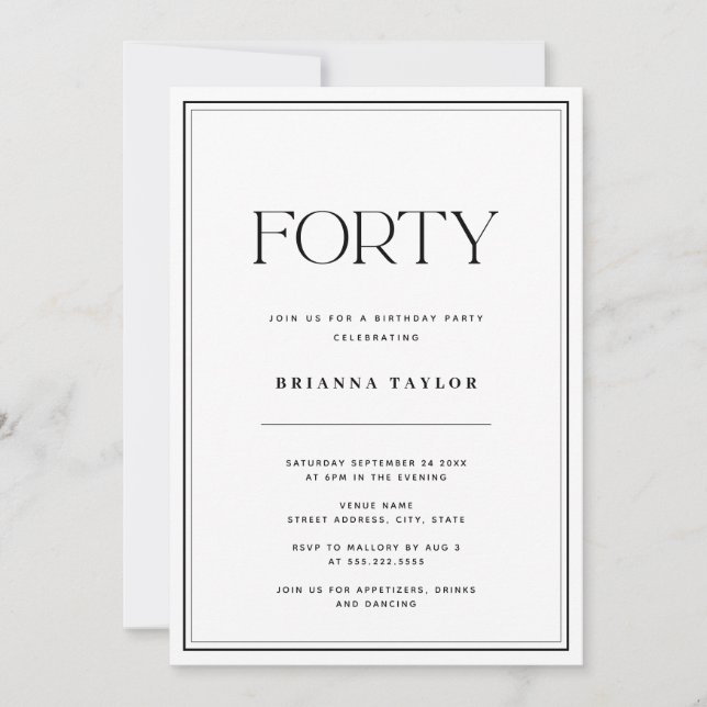 Invitación Elegante tipografía blanco y negro 40 cumpleaños (Anverso)