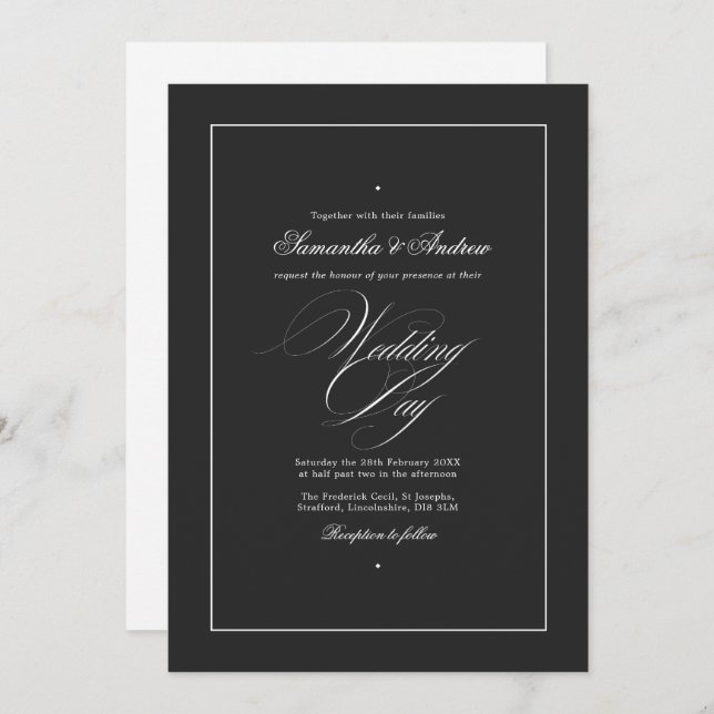 Invitación Elegante tipografía Boda blanco y negro eterno (Anverso / Reverso)
