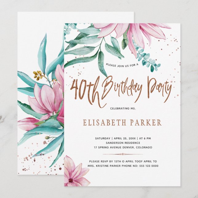 Invitación Elegante tipografía cumpleaños floral 40 (Anverso / Reverso)