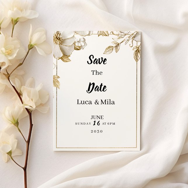 Invitación Elegante tipografía de flores en oro blanco para S (Elegant white gold flower typography Save the Date)