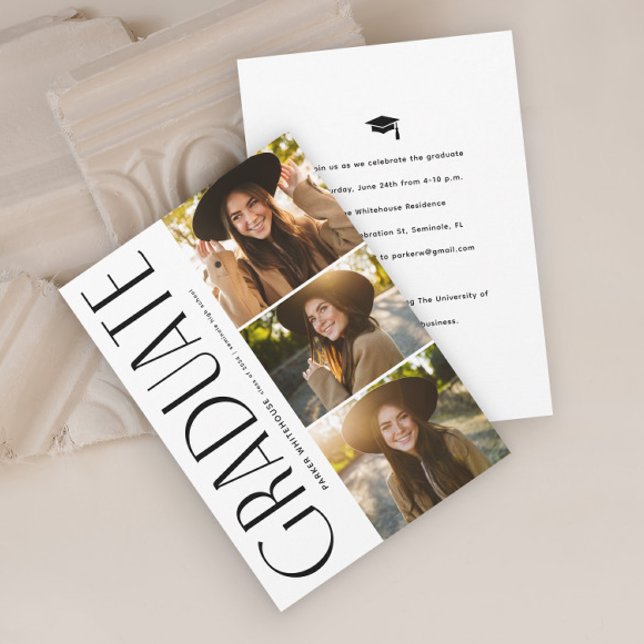 Invitación Elegante tipografía de grado 3 Graduación fotográf (Elegant Typography Graduate Black and White 3 Photo Graduation Invitation.)
