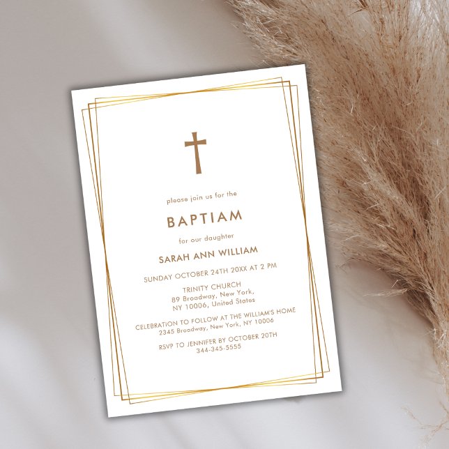 Invitación Elegante tipografía dorada cruza el bautismo (Elegant Gold Typography Cross Frame Baptism Invitation)