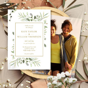 Invitación Elegante Tipografía Dorada Verde Fotografía Boda