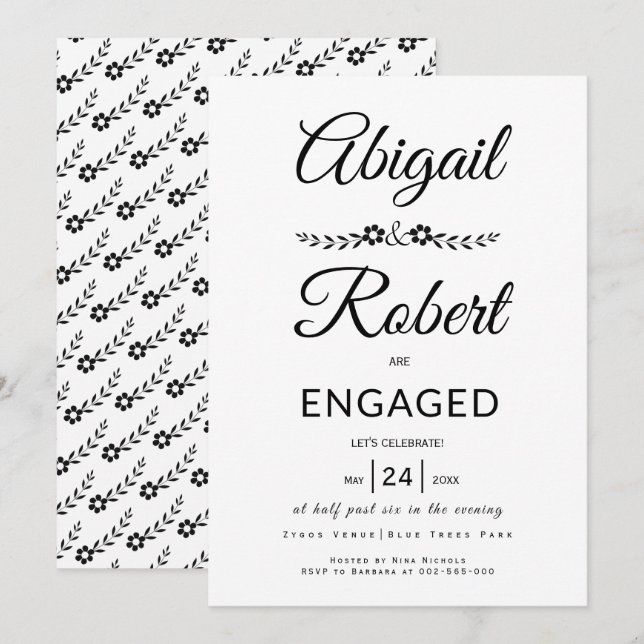Invitación Elegante tipografía flor negra compromiso (Anverso / Reverso)