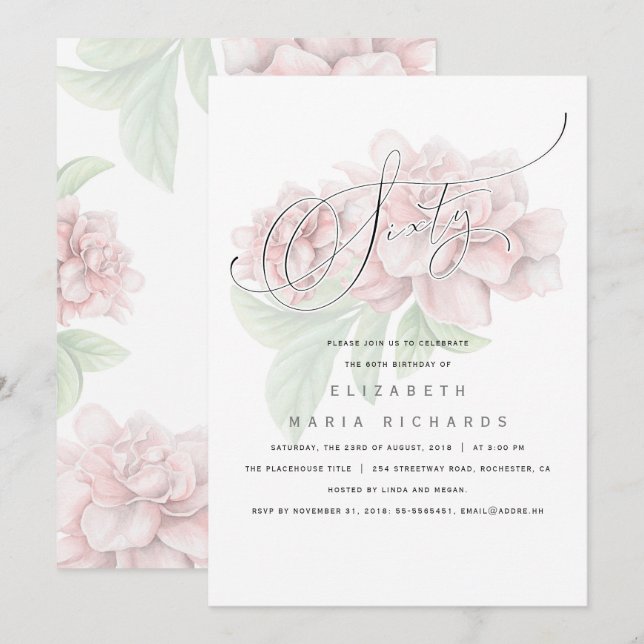 Invitación Elegante tipografía floral rosa 60 Fiesta de cumpl (Anverso / Reverso)