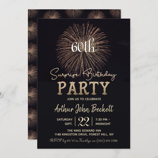 Invitación Elegante tipografía fuegos artificiales Sorpresa C (Anverso / Reverso)